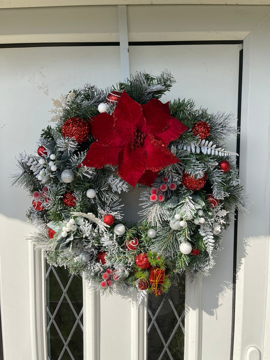 RED POINSETTAIN 40CMS WREATH BASE WITH RED N WHITE DECORATIONS